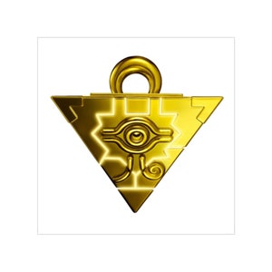 May include: A gold-colored pendant shaped like a triangle with a stylized eye in the center. The eye is surrounded by a geometric pattern and the pendant has a loop at the top.