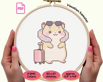 Kawaii Hamster Vacation Cross Stitch Pattern PDF | Funny Travel Design | Instant Download | Cute Holiday Needlework Gift for Stitchers