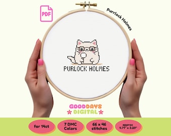 Purrlock Holmes cat humorous PDF Cross Stitch Pattern | Sarcastic Pun Design | Instant PDF Download | Gift for book lovers | Funny Reading
