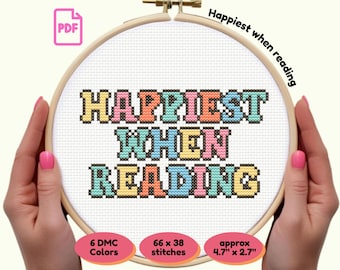 Happiest When Reading Quote | Reading Lover PDF Cross Stitch Pattern | Colorful Bookish Decor | Instant Download Needlework Gift