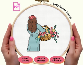 Whimsical Flower Basket Lady PDF Cross Stitch Pattern | Cottagecore Girl Design | Instant Download | Floral Embroidery Gift