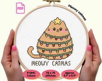 Kawaii Christmas Cat Cross Stitch Pattern | Holiday Lights Design (PDF)