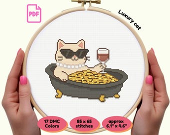 Luxury Cat in Gold Coin Bath PDF Cross Stitch Pattern | Kawaii kitty | Instant Download | Funny Relaxation Embroidery | Gift for crafter