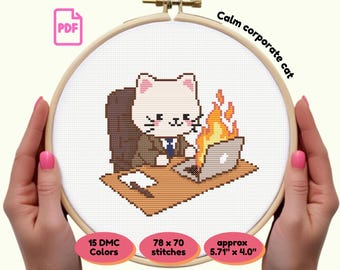 Corporate Calm Cat Meme PDF Cross Stitch Pattern | Satirical Office Design | Instant Download | Funny Needlework | Gift for Burnout Crafters