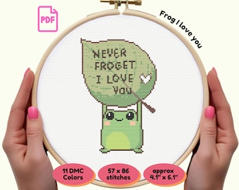 Kawaii Frog with Leaf Love Note PDF Cross Stitch Pattern | Cute Punny Frog | Instant Download | Funny Embroidery | Gift for Stitchers