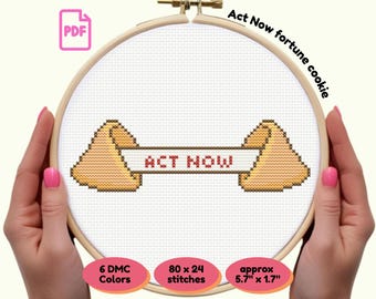 Fortune Cookie "Act Now" Cross Stitch Pattern PDF | Motivational Quote | Manifesting Design | Instant Download | Modern Mini Needlework Gift