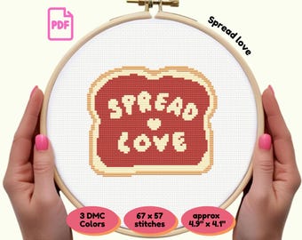 Spread Love Toast Cross Stitch Pattern PDF | Cute Jam Heart Design | Instant Download | Cozy Needlework Gift | Funny Food Embroidery