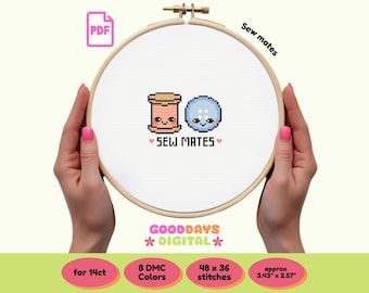 Sew Mates Cross Stitch Pattern PDF | Cute Kawaii Sewing Pun Design | Button & Thread Friendship | Instant Download | Gift for Crafters