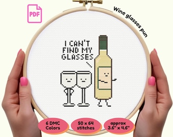 Ik kan mijn glazen wijnfles niet vinden PDF-kruissteekpatroon | Grappige woordspeling op alcohol | Direct downloaden | Cadeau wijndecoratie voor creatieve drinkers