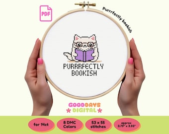 Purrrfectly bookish cat humorous PDF Cross Stitch Pattern | Sarcastic Design | Instant PDF Download | Gift for book lovers | Funny Reading