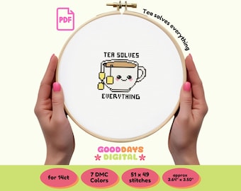 Tea Solves Everything Cross Stitch Pattern | Kawaii Teacup Embroidery (PDF Pattern)