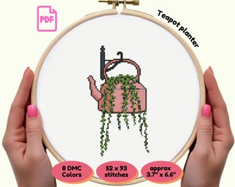 Rustic Teapot Planter Cross Stitch Pattern | Vintage Garden PDF | Hanging Plant Design | Instant Download | Cozy Home Decor Craft