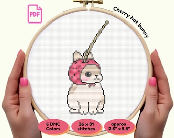 Cute Bunny Cross Stitch Pattern PDF | Cherry Hat Rabbit Needlepoint | Digital Download | Beginner Friendly Embroidery Chart | Kawaii Stitch