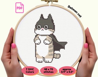 Kawaii Cat Batman Cross Stitch Pattern | Funny Superhero Cat Design | Cute PDF Download | Geeky Gift for Stitchers | Instant Needlework