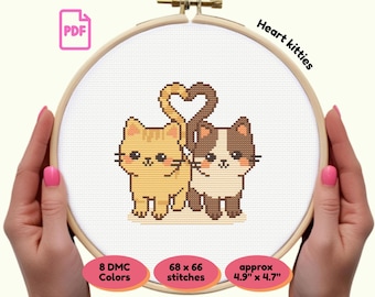Bestie Cats Heart Tail PDF Cross Stitch Pattern | Kawaii Cat Friends | Instant Download | Cute Needlepoint Gift | Easy Cat Stitch Design