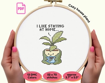 Cozy Kawaii Plant Cross Stitch Pattern | Potted Houseplant with Blanket & Tea | "I Like Staying at Home" Quote | PDF Instant | Homebody gift