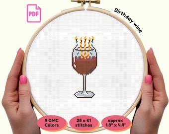 Red Wine Birthday Cross Stitch Pattern: Funny Candle Design (PDF Download)
