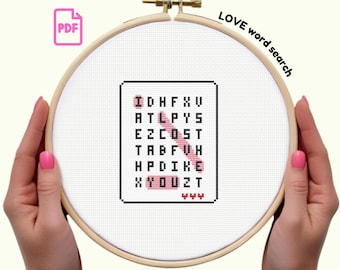 I Love You Word Search PDF Cross Stitch Pattern | Funny Romantic Stitch Gift | Valentine’s Day DIY Needlepoint | Instant Download Pattern