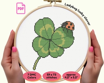 Ladybug Lucky Clover PDF Cross Stitch Pattern | Red Ladybird on Four Leaf Clover | Instant Digital Download | Beginner Needlework Gift Idea
