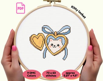 Kawaii Cat Locket Cross Stitch Pattern | Beginner Needlework (PDF)