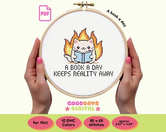 A book a day cat humorous PDF Cross Stitch Pattern | Sarcastic Design | Instant PDF Download | Gift for book lovers | Funny Reading