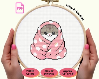 Kawaii Kitty Cross Stitch Pattern | Grey Cat in Pink Blanket (PDF Pattern)