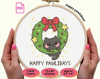 Cat Christmas Wreath Cross Stitch Pattern | Happy Pawlidays (PDF Pattern)