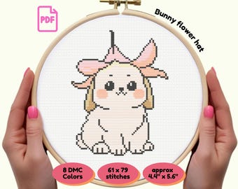 Kawaii Bunny PDF Cross Stitch Pattern | Cute Floral Hat Design | Instant Digital Download | Embroidery Needlework Gift | Fun DIY Stitching