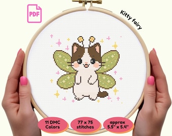 Flying Fairy Cat Cross Stitch Pattern PDF | Kawaii Black White Brown Cat | Whimsical Embroidery | Cute Instant Download | Sparkle Wings