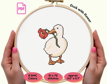 Duck with Flower Cross Stitch Pattern | Beginner Needlework (PDF Pattern)