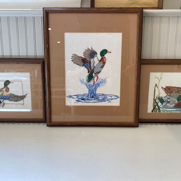 Vintage Cross Stitched Mallard Ducks, Wood Framed and Matted, Three Available, Sold Individually