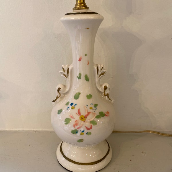 Vintage Desk Lamp, Soft White, New Wiring, Vase Harp Shape, Hand Painted Flowers