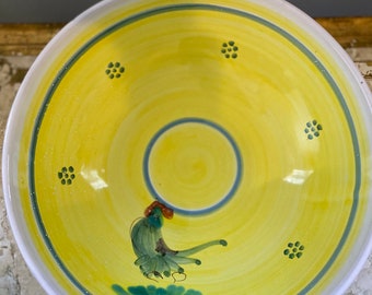 Hand Painted Italian Ceramic Bowl: Yellow, Blue, and Rooster Decor