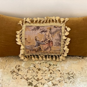 Vintage Velvet Tapestry Pillow with Golden Mustard Velvet and Tassels, Handmade