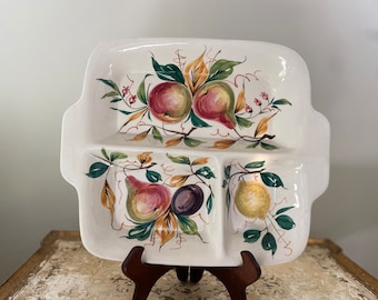 Vintage ITALIAN Divided Serving Platter, Ceramic Glazed with Hand Painted Fruit