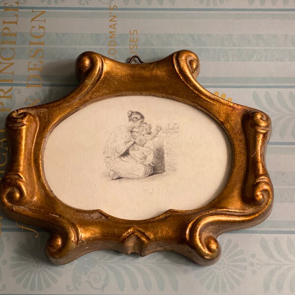 Vintage Italian Gilt Florentine Small Framed Art, Mother and Child Etching in Black and White, Accent Art, Bologna, Italy