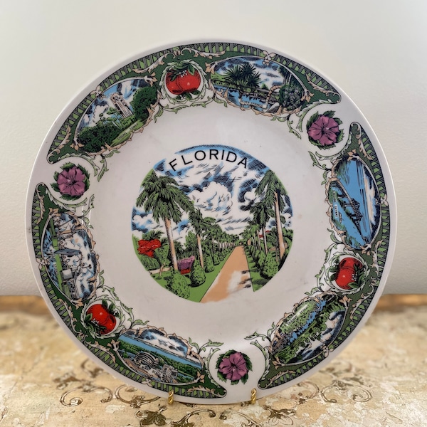 Vintage Florida Plate, Old Florida Souvenir Plate, 10.75 Inches