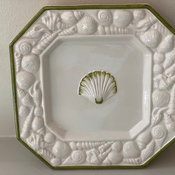 Hand Painted ITALIAN Shell Plate, Green and White