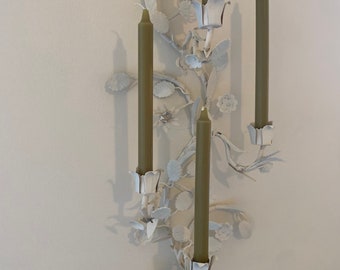 Vintage Tole Candelabra Wall Sconce, Four Candleholders, White Wrought Iron, 24 Inches Tall