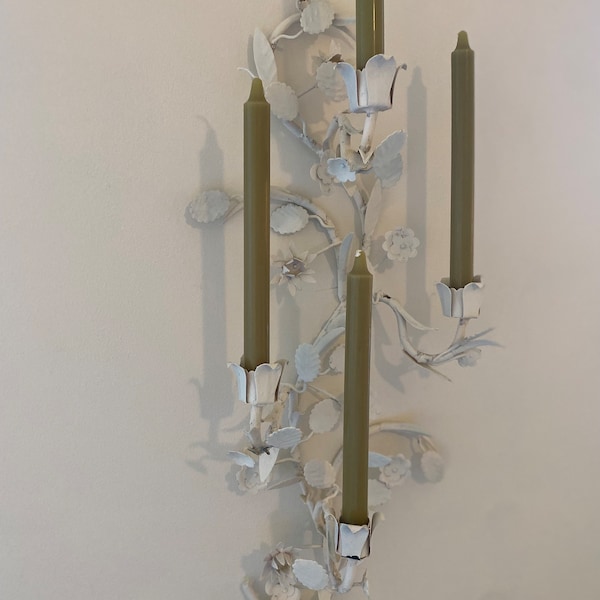 Vintage Tole Candelabra Wall Sconce, Four Candleholders, White Wrought Iron, 24 Inches Tall