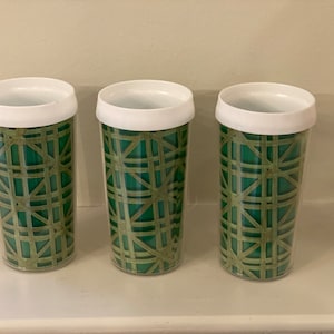 Vintage Rattan Style Plastic Tumblers Set of 3, White Rims Green and Tan