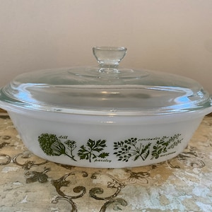 Vintage Glassbake Oval Casserole: White Milk Glass with Herbs (Lid Chipped)
