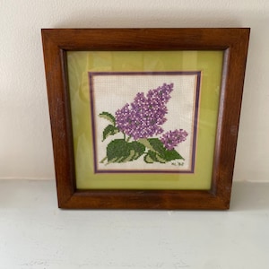 Small Hydrangea Needlepoint in Wood Frame, 9 x 9 inch, Purple and Green Matting, Floral