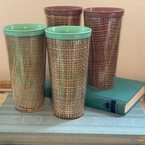 Vintage 1960s Raffia Ware Insulated Tumblers, Pink and Blue Pastels