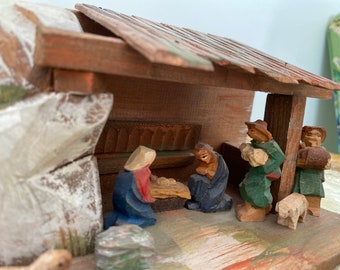 Hand Carved Swiss Nativity Scene, Small Crèche, Made in Switzerland, Wooden, Hand Painted, Figures Fixed in Place