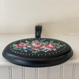 Vintage Tole Silent Butler, Crumb Catcher, Black with Flowers