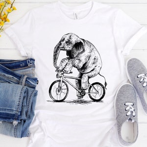 Elephant Riding Shirt, Elephant on a Bicycle, Elephant Lover Gift, Cute Animal Lover Tee, Bike Lovers Tshirt, Funny Quirky Cycling Elephant