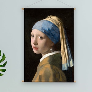 May include: A painting of a young woman wearing a blue and yellow headscarf with a pearl earring. The woman is looking to the left of the viewer. The background is dark.