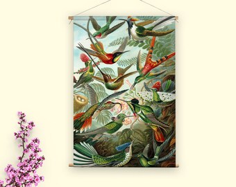 Textile poster, Hummingbirds. A beautiful masterpiece to hang on the wall at home. A high-quality print on flexible material.
