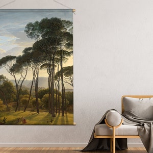 May include: A painting of a forest scene with tall pine trees in the foreground and a distant view of hills in the background. The sky is a soft blue with white clouds. The painting is in a muted color palette of greens, browns, and blues.